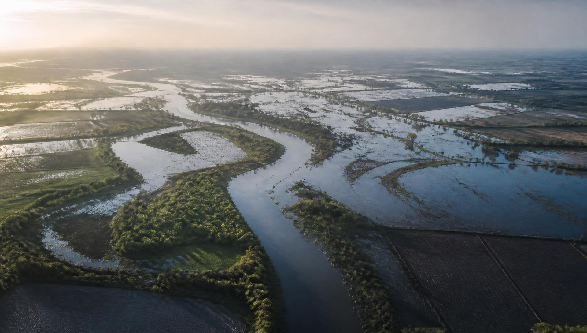 A braided river floodplain at dawn, water spread across farmland and wetland